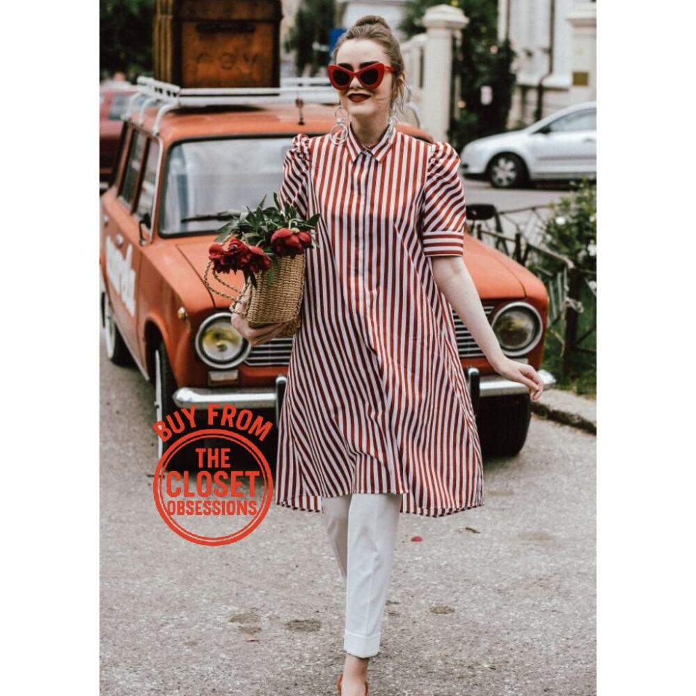 Zara NWT Red White Striped Cotton Puff Sleeve Shirt Dress Tunic L - Picture 7 of 16